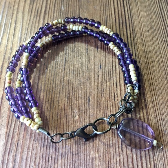 Purple and Tan Triple Strand Ladies Beaded Bracelet, Handmade Ladies Bracelet - Picture 3 of 6